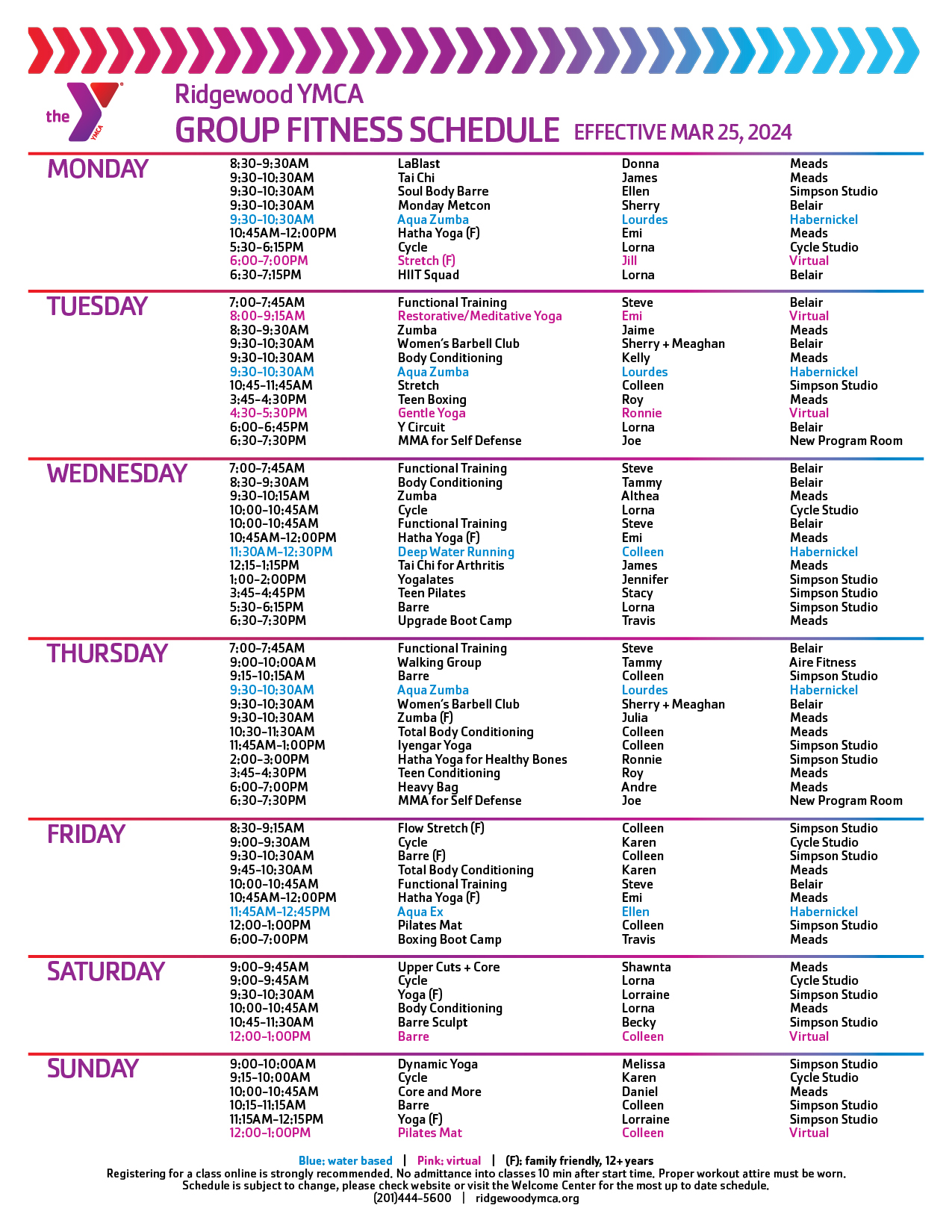 Schedules Ridgewood YMCA